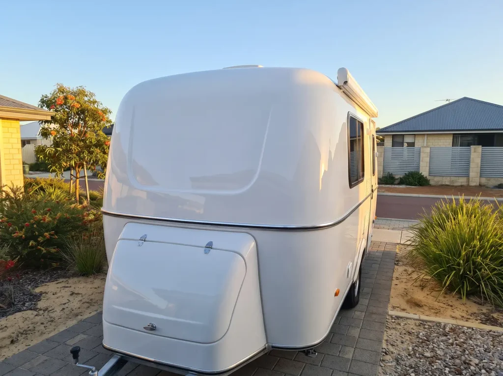 Spotless freshly detailed white caravan exterior by Nomad Caravan Detailing in O'Connor WA