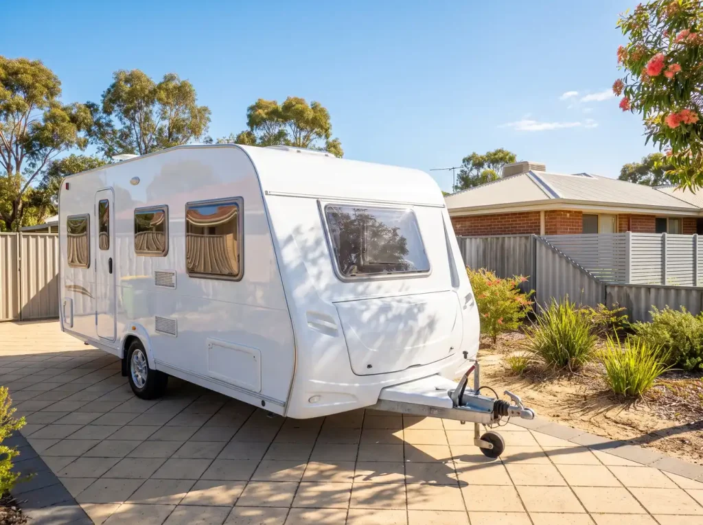 Spotless freshly detailed white caravan with glossy paintwork in O'Connor, WA suburban driveway