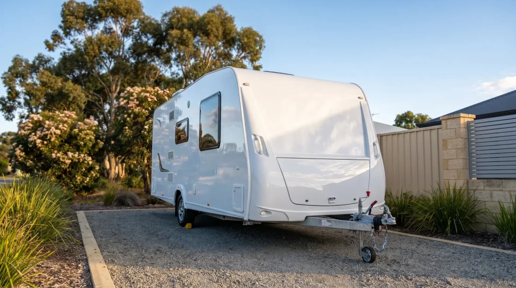 Ceramic coated caravan with glossy mirror finish in O'Connor WA caravan detailing