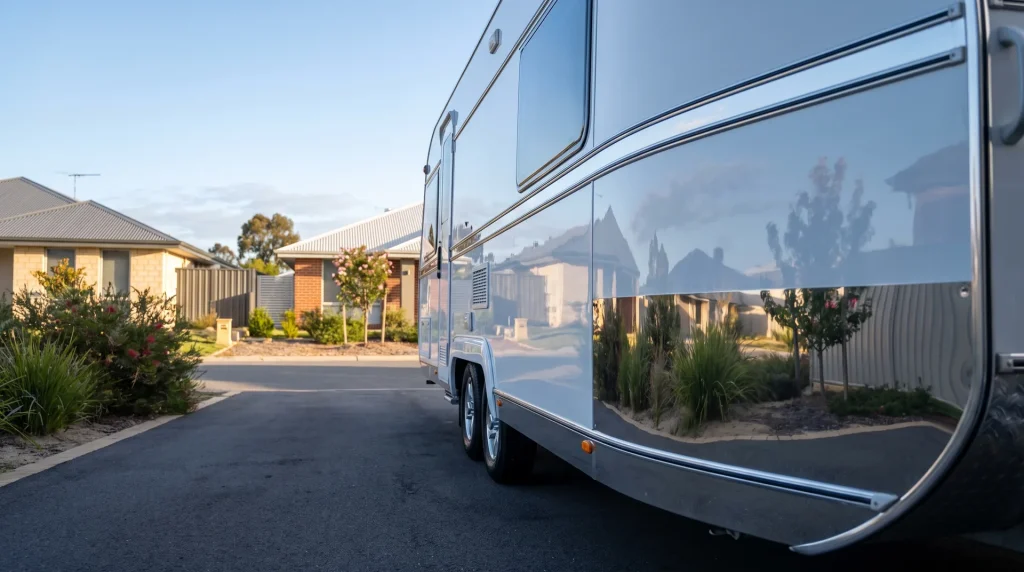 Glossy cut and polished caravan with mirror-bright paintwork after detailing in O'Connor