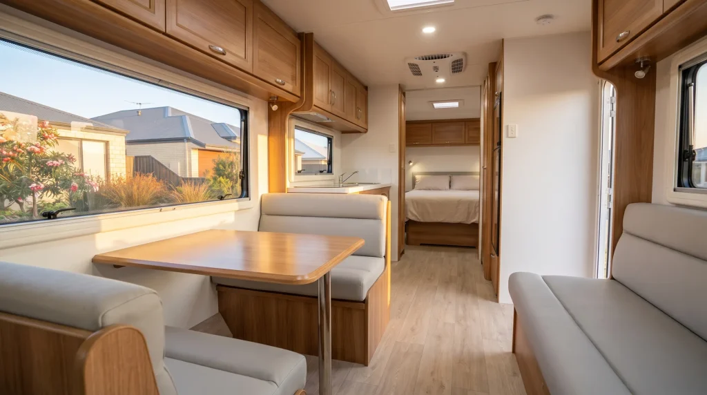 Spotless caravan interior detailing result in O'Connor with clean upholstery and polished cabinetry