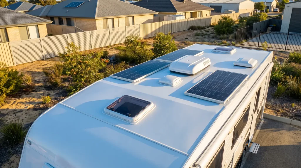 Spotless freshly detailed caravan roof with gleaming solar panels in O'Connor caravan roof detailing