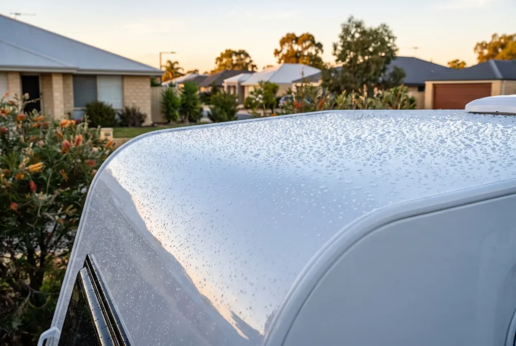Ceramic coated caravan panel with glossy finish and water beading from Nomad Caravan Detailing in O'Connor