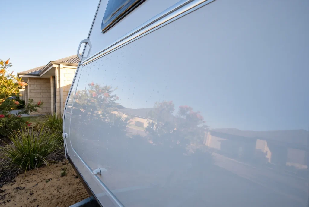 Ceramic coated caravan panel with glossy mirror finish, caravan detailing in O'Connor WA
