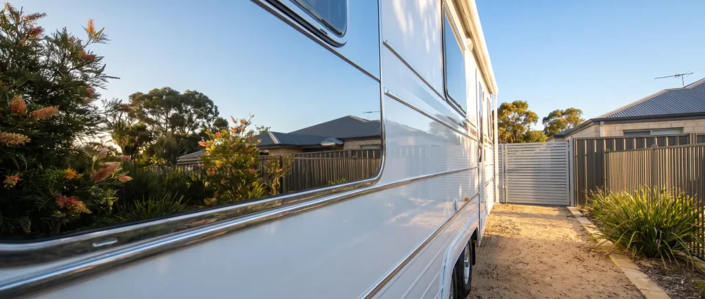 Ceramic coated caravan with glossy beaded finish, Nomad Caravan Detailing in O'Connor WA