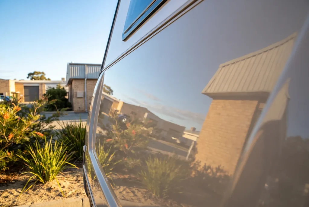 Cut and polish caravan detailing result with mirror gloss finish in O'Connor