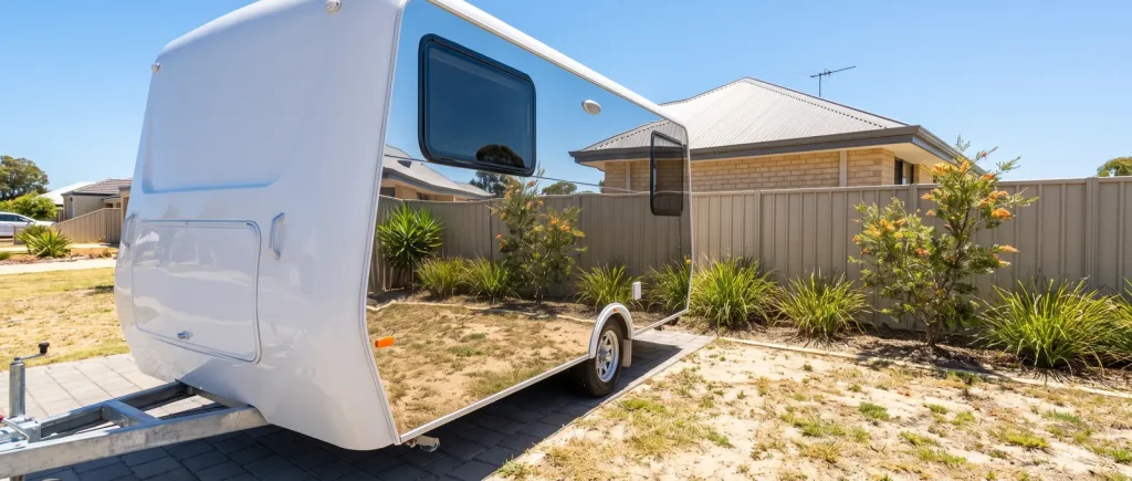 Freshly cut and polished caravan exterior gleaming after detailing in O'Connor