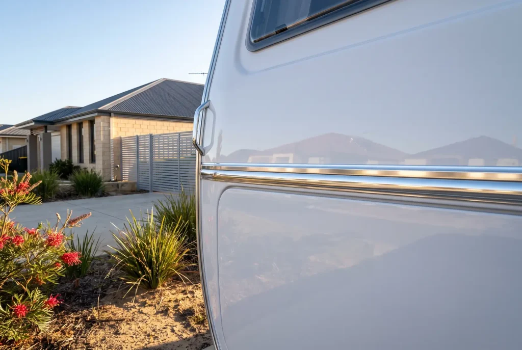 Freshly cut and polished caravan with mirror-gloss finish from Caravan Detailing in O'Connor