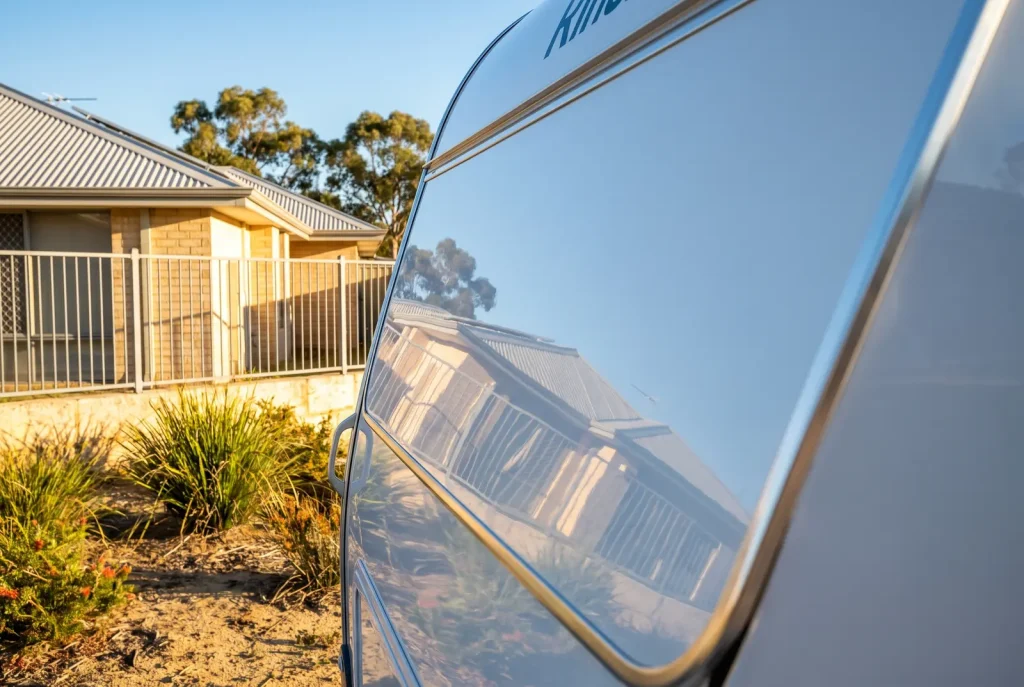 Cut and polish caravan panel detail with glossy mirror finish by Nomad Caravan Detailing in O'Connor