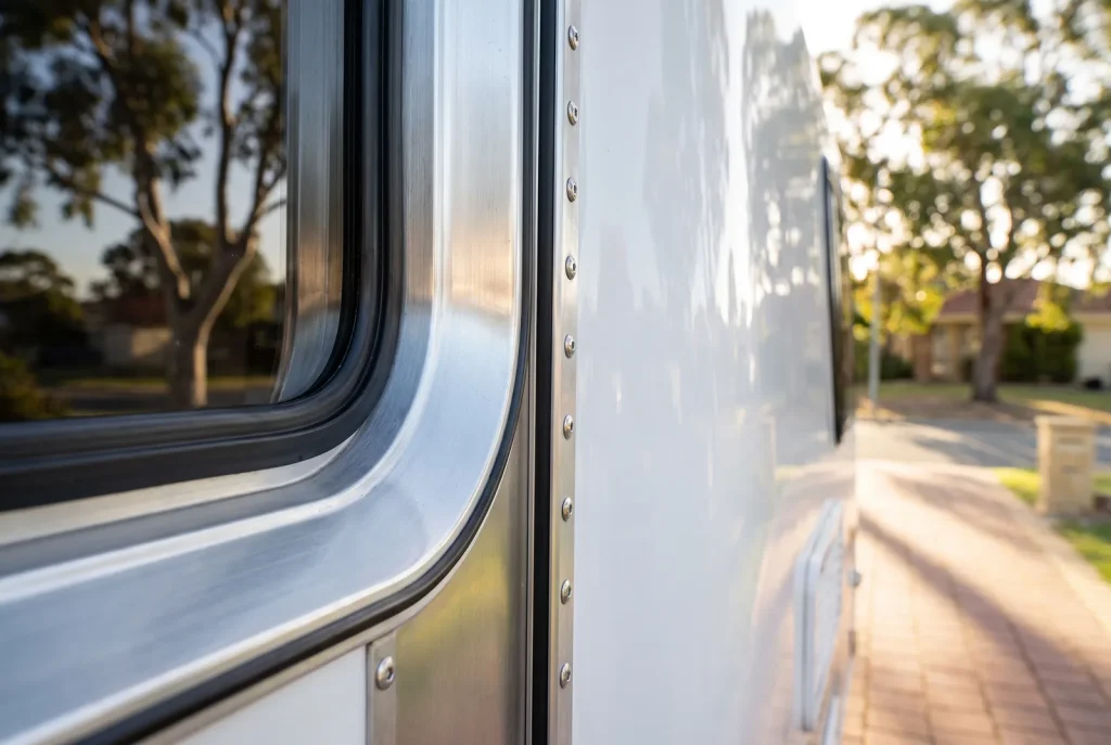 Detailed clean seam and edge of exterior caravan panel after detailing in O'Connor