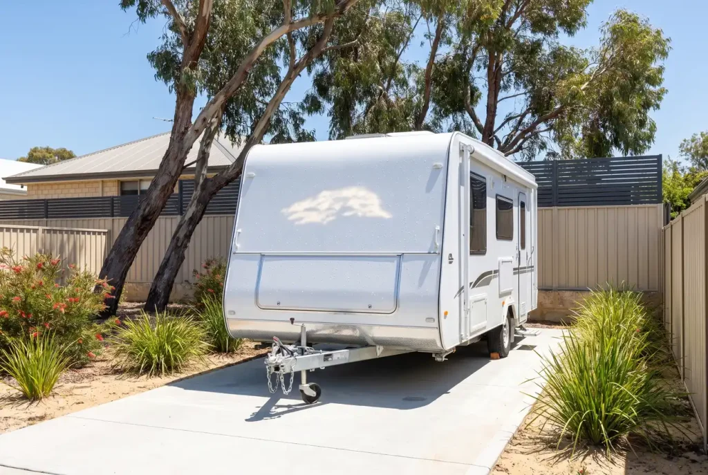 Spotless polished caravan exterior with gleaming panels after professional detailing in O'Connor WA