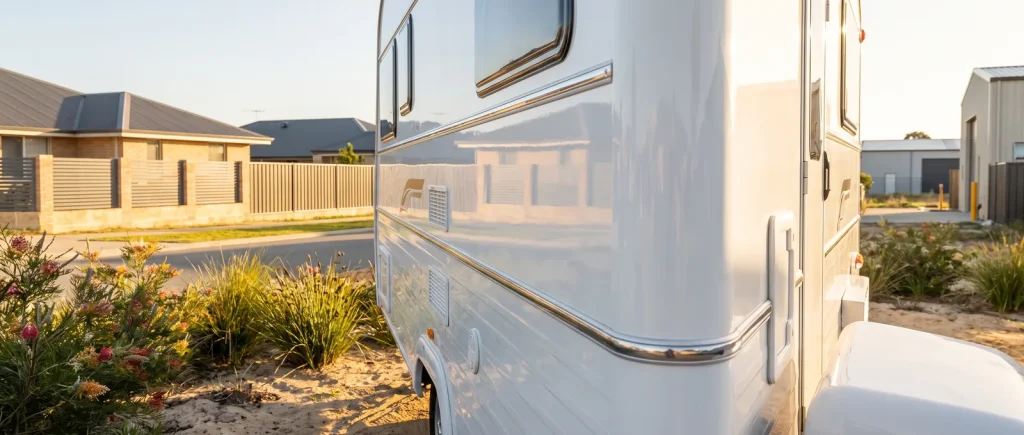 Spotless gleaming caravan exterior detailing result in O'Connor, low angle showing polished panels and chrome trim