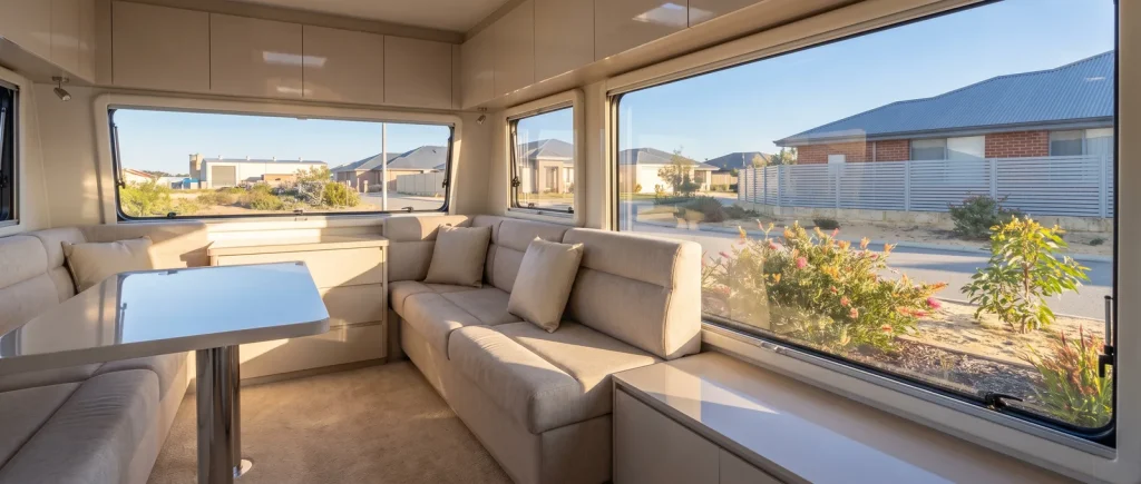 Spotless detailed caravan interior with clean upholstery and flooring in O'Connor