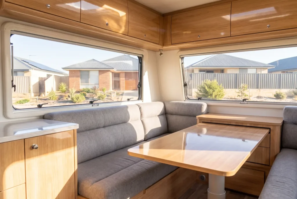 Spotless interior caravan detailing result in O'Connor showing clean upholstery and polished cabinetry