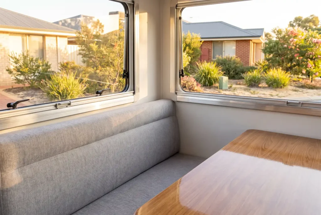 Spotless caravan dinette interior detailing result in O'Connor showing clean upholstery and polished surfaces