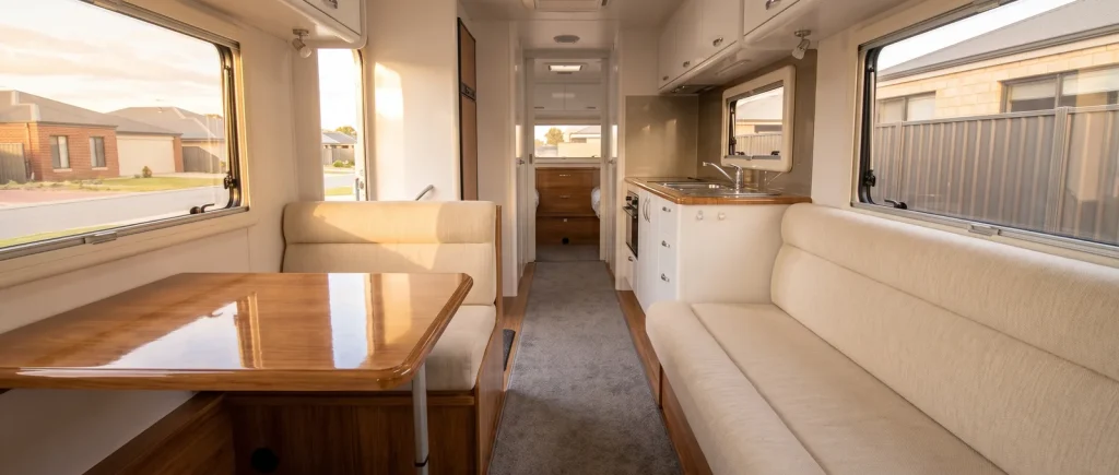 Spotless caravan interior detailing result in O'Connor with clean upholstery, polished timber and fresh carpet