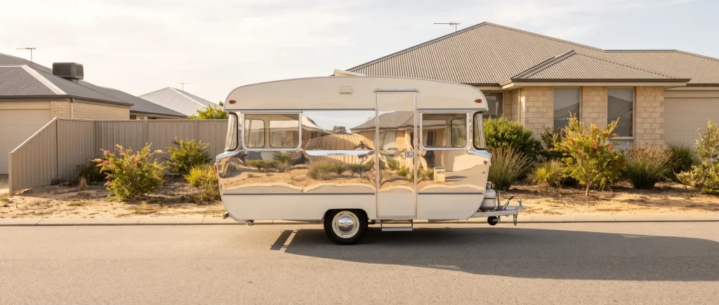 Oxidation removal result on a glossy restored caravan exterior in O'Connor caravan detailing