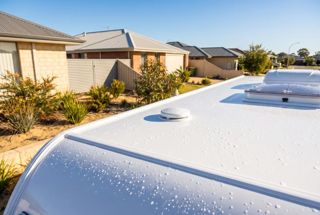 Spotless freshly detailed caravan roof showing clean fibreglass texture in O'Connor caravan detailing