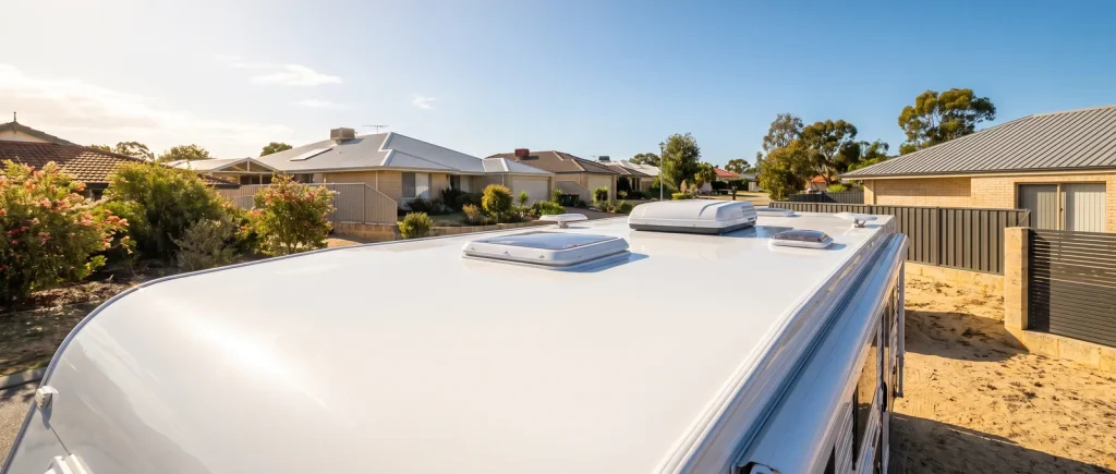 Freshly detailed spotless caravan roof finish by Nomad Caravan Detailing in O'Connor WA
