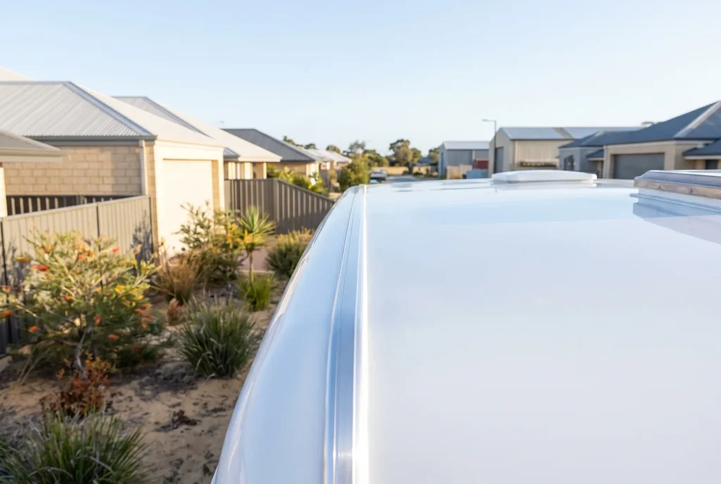 Detailed clean caravan roof edge and seam after roof detailing in O'Connor, WA