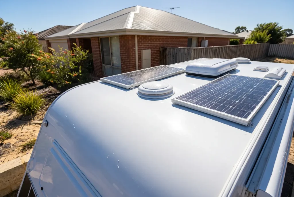Spotless freshly detailed caravan roof from Nomad Caravan Detailing in O'Connor WA gleaming under blue sky